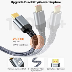 8K HDMI 2.1 Braided Cable 48Gbps 4K@120Hz HDR eARC VRR Gold Plated Gaming HDTV
