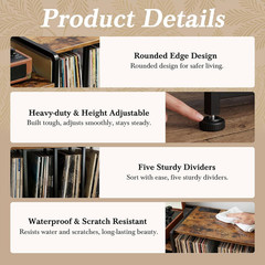 Vinyl Record Player Stand with Storage, Power Outlet, Rustic Brown Finish