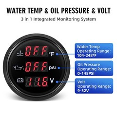 Triple Gauge Set 3 in 1 (Oil Pressure PSI + Watertemp °F + Volt) 2-1/16 52mm Car