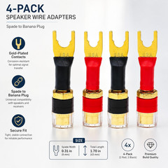 4-Pack Gold Plated Speaker Wire Adapters – Spade to Banana Plug Connectors for S