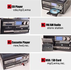 Vinyl Record Player 9-in-1 Bluetooth Turntable CD Cassette Player FM/AM Radio