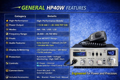 General HP40W 10 Meter Radio 100W AM/FM Loud Dual Echo Blue LED
