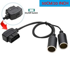 50cm Right Angle OBD2 Male to Dual Female Cigarette Lighter Connector with Switc