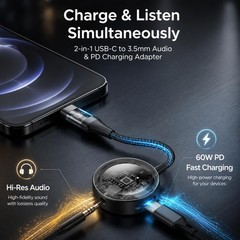 USB C to 3.5mm Audio Adapter with Charging, 2-in-1 PD Fast Charging