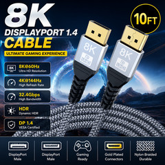 UHD 8K DisplayPort Cable 10FT 8K@60hz, 4K@144hz32.4Gbps, HDR, HBR3 DP to DP Cord