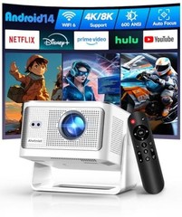 Smart Projector with 4K 8K Support, Android 14 Mini Projector with WiFi6 Silver