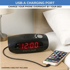Digital Alarm Clock Radio AM FM USB Charging Red LED Display Battery Backup