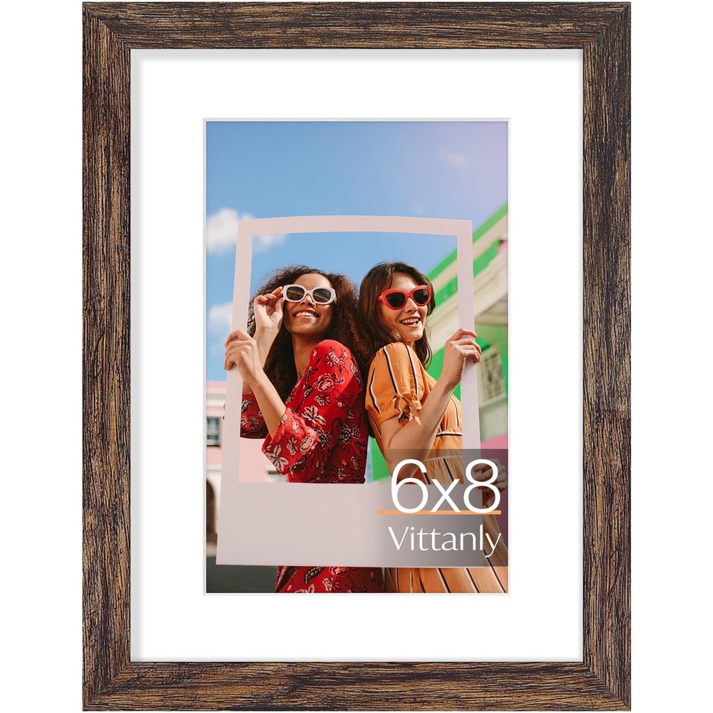 Vittanly 6×8 Picture Frame, Display Pictures 4×6 with Mat 6×8, Rustic Brown