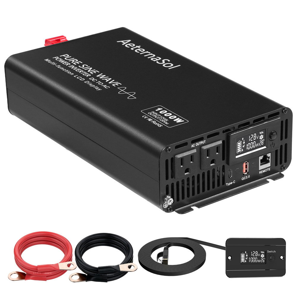1000W LCD Pure Sine Wave Power Inverters DC 12V To AC 110V 120V Solar Converter