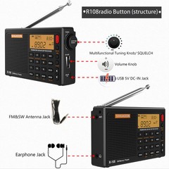 XHDATA R108 Portable Radio AM/FM/SW/LW/Airband Shortwave Receiver with Battery