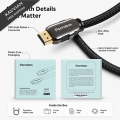 Pacroban 8K Certified HDMI 2.1 Braided Cable(3ft) Supports 48Gbps 3ft, Black