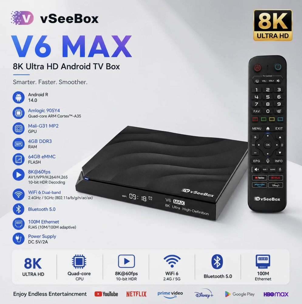 Vseebox Vsee Box V6 Max Smart TV Streaming Box VeeSee Vee See