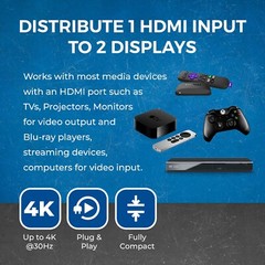 OREI HDMI Splitter 1 in 2 out, upto 4K@30Hz Display Duplicate/Mirror (HD-102)