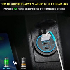 12-24V USB C 3 Port Fast Car Charger PD & QC3.0 Outlet Socket for Boat RV Marine