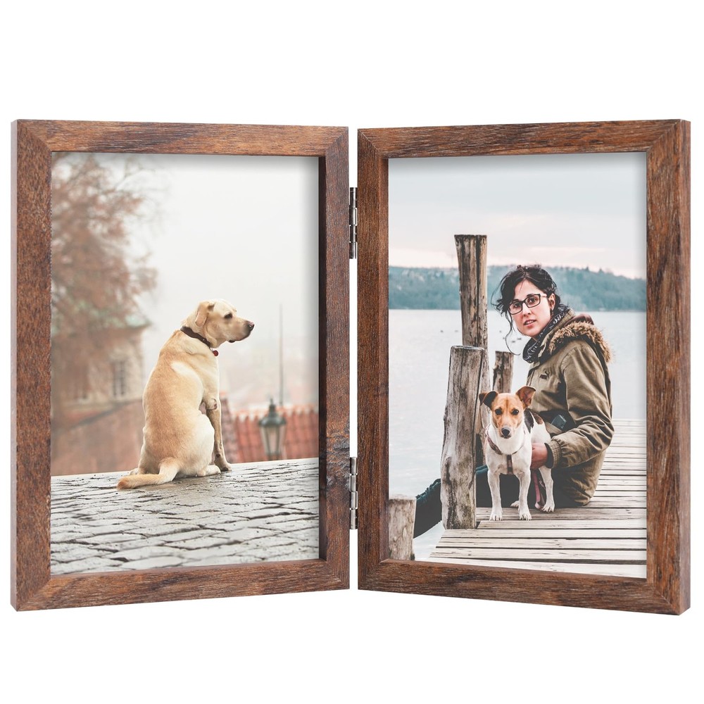 FOREV 5×7 Double Picture Frame Wooden Hinged Photo 5×7, Rustic Wood