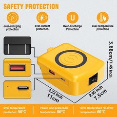 For Dewalt 20V Batteries Wireless Charger Adapter W/2-Port USB Type-C Port