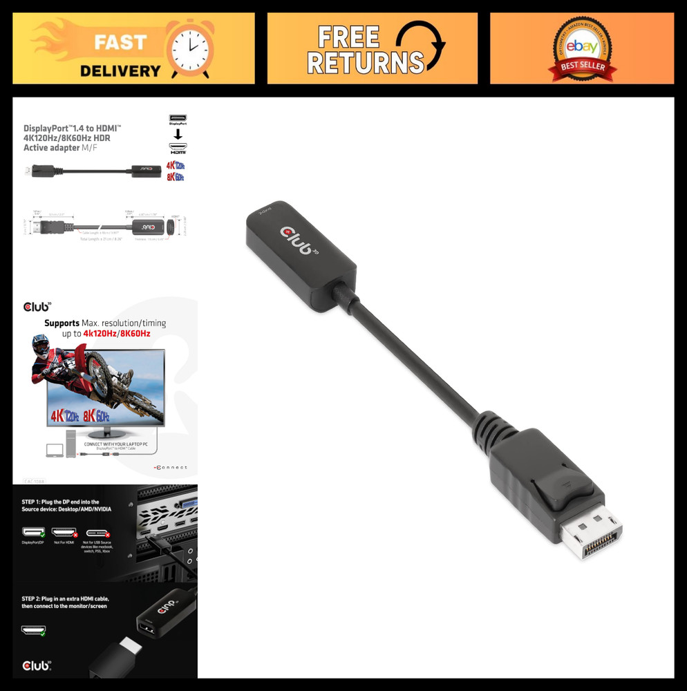 8K 60Hz DisplayPort to HDMI Cable – Active Adapter for Gaming PC, Laptop, TV, Mo