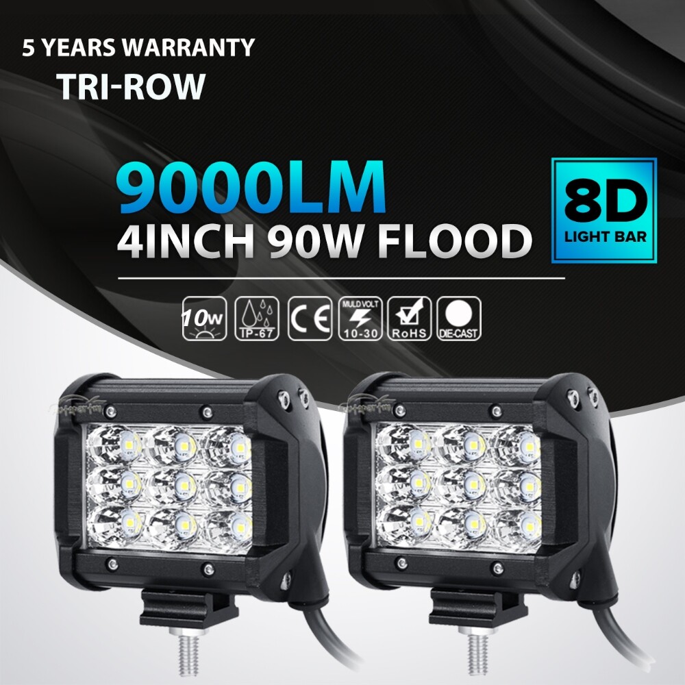 2x Tri Row 4″inch 90W Pods LED Work Light Bar FLOOD Offroad ATV SUV 4WD PK 18W