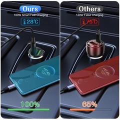 100W Car Charger Fast Charger 2-in1 USB C Cigarette Lighter Adapter Pull Ring