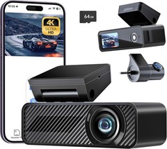 4K+1080P Dual Dash Camera with 64GB Card – Wi-Fi & Voice Control, Night Vision