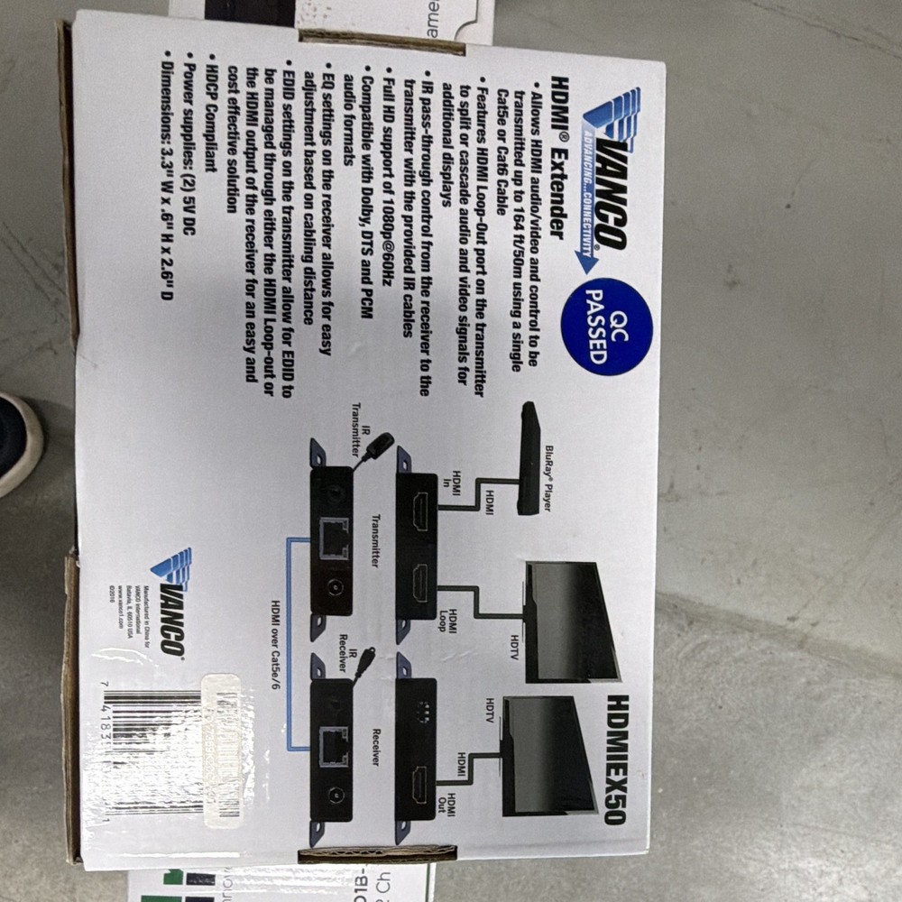Vanco HDMIEX50 HDMI Extender Kit Cat5e/6 165ft IR Pass-Through HDCP Black