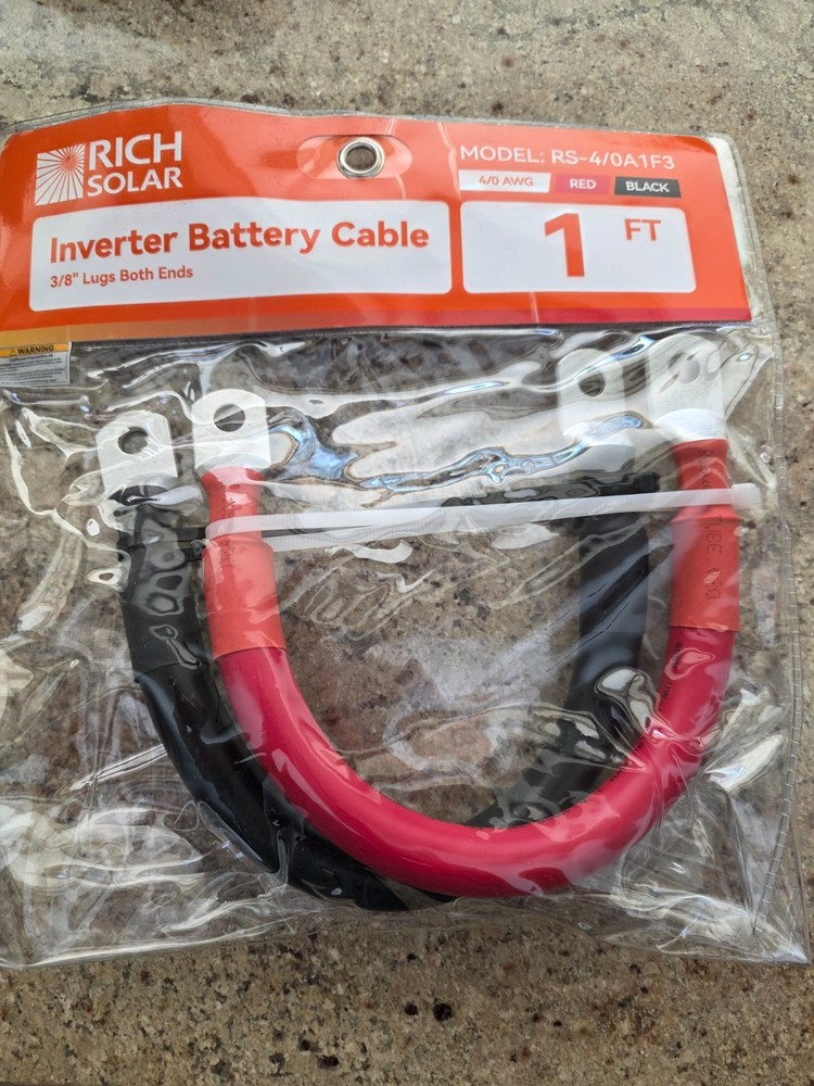 NEW RICH SOLAR 4/0AWG INVERTER BATTERY CABLE SET PAIR 1 FT TINNED COPPER WIRE