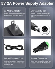 5V 2A Power Supply 5Volt 2Amp AC Adapter 100-240V DC 5V Power Cord 10FT with DC