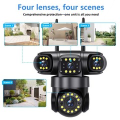 4G SIM 16MP 4 Lens Solar Battery Powered Home Security Camera Outdoor CCTV PTZ