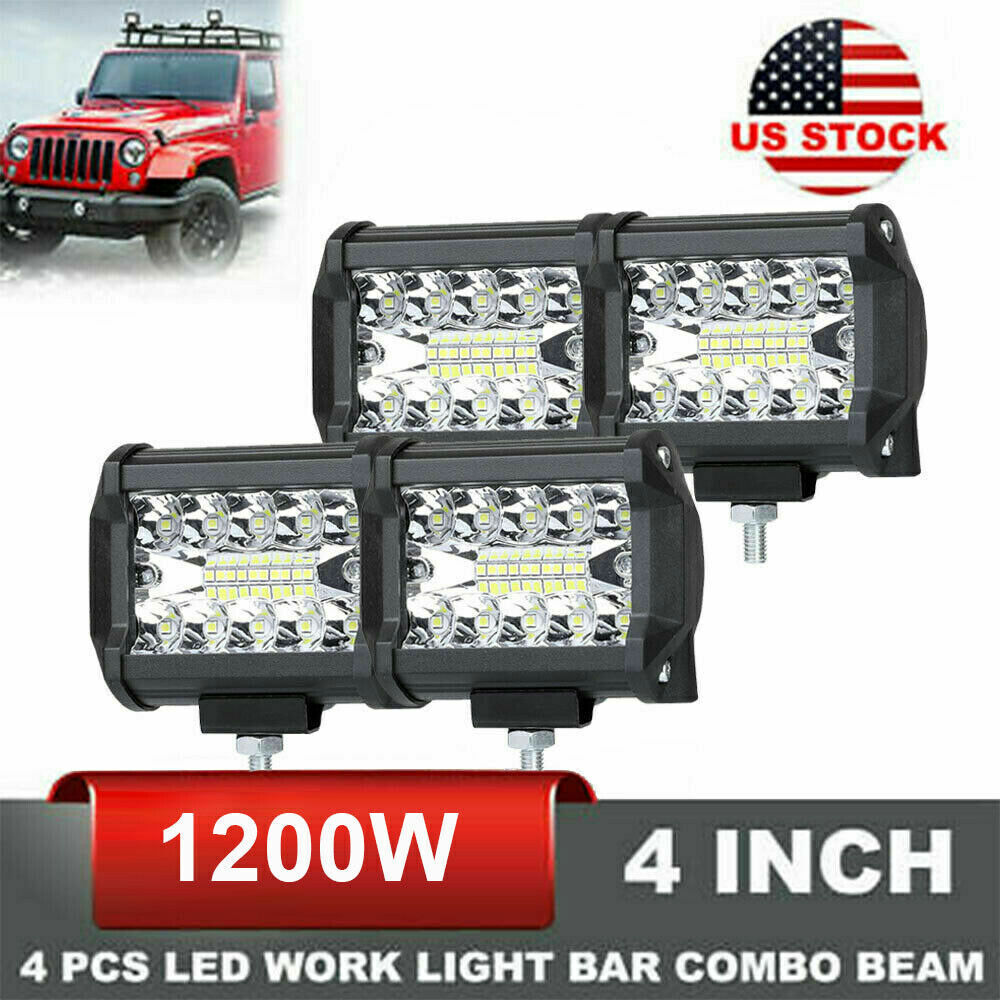 4PCS 4″Inch 12V 1200W LED Work Light Bar Flood Pods Driving Off-Road Tractor 4WD