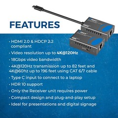 OREI 4K@120Hz HDMI Extender Over Cat6 with USB C Upto 82 Feet (UHD-EX120C-K)