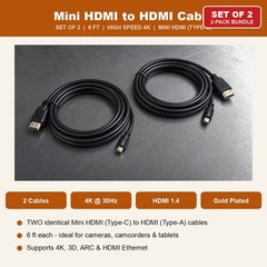 Mini HDMI to HDMI Cable 6FT 4K Set of 2 for Camera Camcorder DSLR Tablet to HDTV