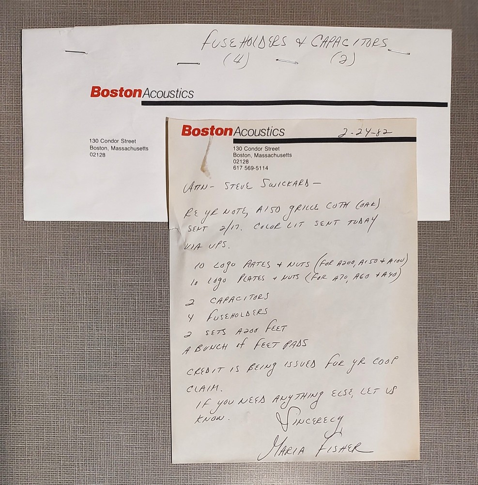 Boston Acoustics Hand Written Parts Letter To My Stereo Shop -1982- Orig. Owner