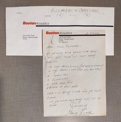 Boston Acoustics Hand Written Parts Letter To My Stereo Shop -1982- Orig. Owner