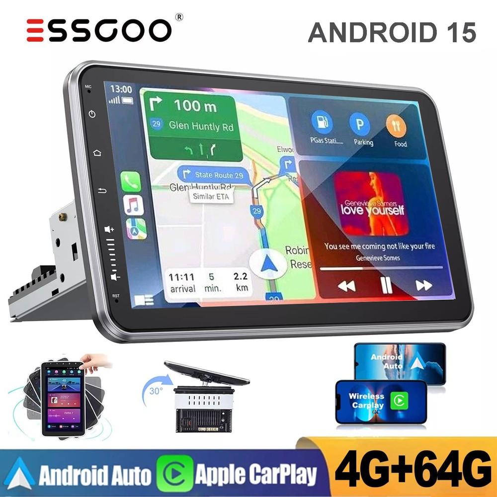 Rotatable 10.1” Android 15 Touch Screen Car Stereo Radio GPS Wifi Single 1 DIN