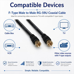 F-Type Male to Male RG-59U Coaxial Cable – 3ft / 6ft / 12ft / 25ft / 50ft