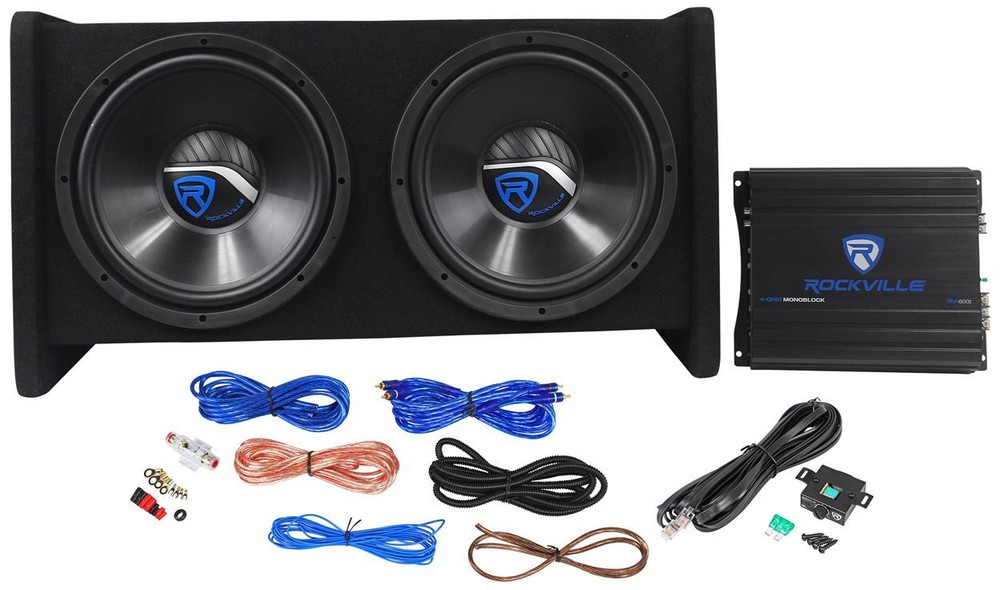Rockville RV12.2B 1200w Dual 12″ Car Subwoofer Enclosure+Mono Amplifier+Amp Kit