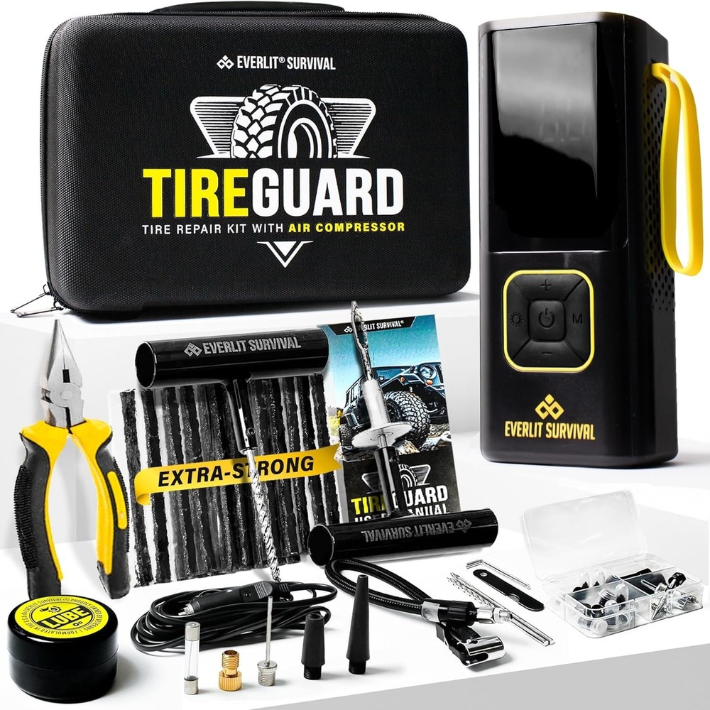 Tire Repair Kit with Air Compressor Universal Flat Tire Plugs Repair Punctures R