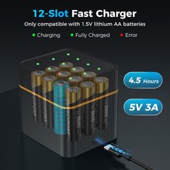 3600mWh 1.5V 12 Pack Rechargeable Lithium AA Batteries with Fast Charger Box