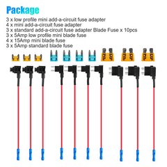 10pc 12V Car Add-a-Circuit Fuse Adapter w/ Standard & Mini Tap Blade Fuse Holder