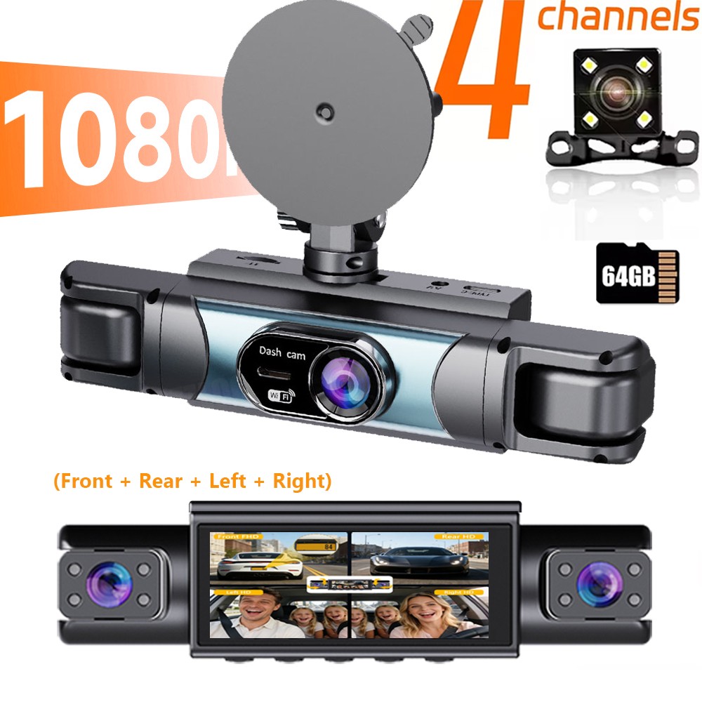 4Lens 1080P Car Dash Cam Front and Rear Inside Left Right +Wifi Supports 8-128GB