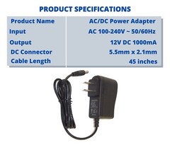 12V DC 1A 1000mA AC to DC Power Supply Adapter Wall Charger for 12V Electronics