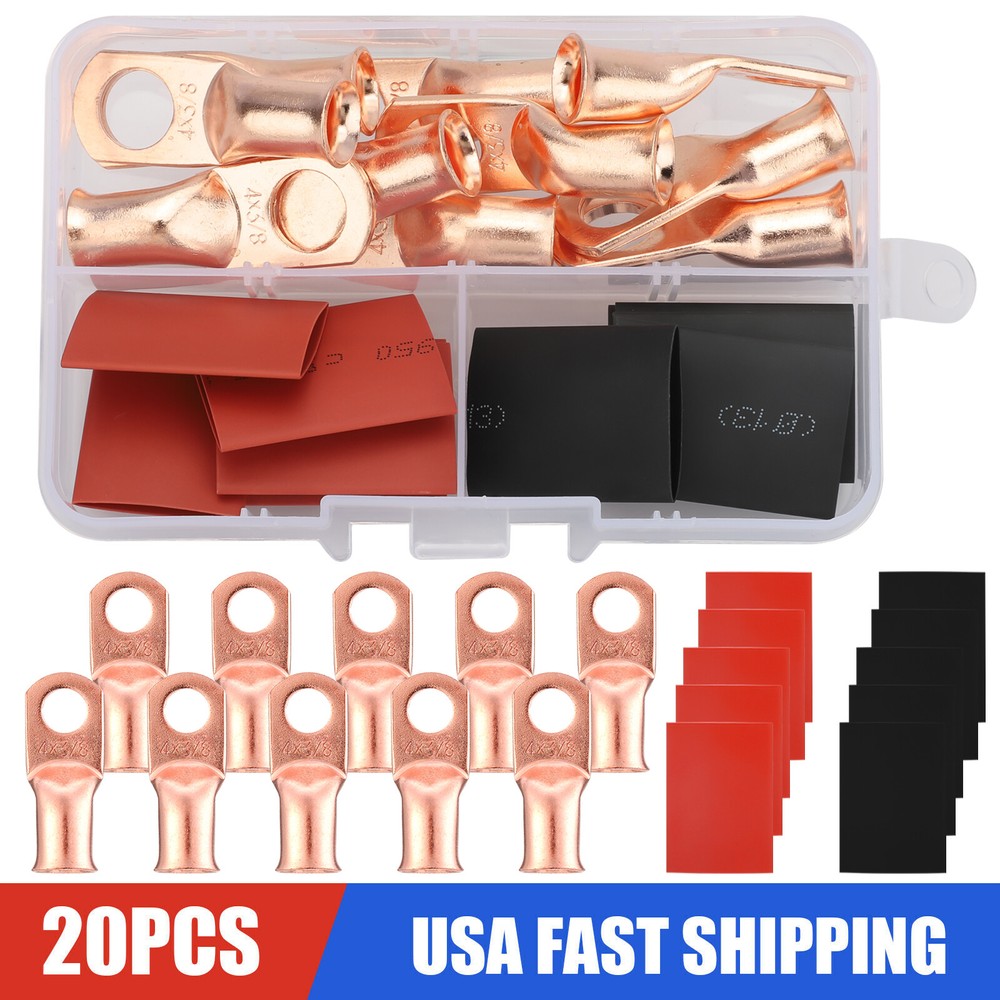 20x Copper Lug 4 AWG 3/8″ w/ Red & Black Heat Shrink Ring Terminal Battery Wire