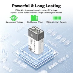 4-Count 9 Volt Battery 9V Block Rechargeable Batteries 1300mAh smoke detectors
