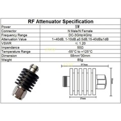 N Type RF Coaxial Attenuator 5W 50Ω 0-3GHz/4GHz 1/2/3/5/6/10/15/20/25/30/40/50dB