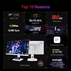 Gaming Monitor 27 1440P 180Hz 1ms USB C HDR ASUS ROG Strix XG27ACG-W