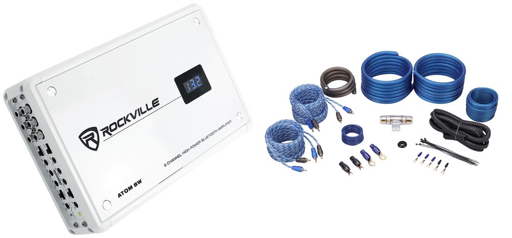 Rockville ATOM 8W 8-Channel 3500w Weather Proof Bluetooth Car Amplifier+Amp Kit