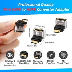 90 Degree Mini HDMI to HDMI Adapter 2 Pack, (Up and Down) Right Angle Mini HDMI