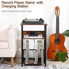 Rustic Vinyl Record Player Stand with Charging Station – 3-Tier Storage Table