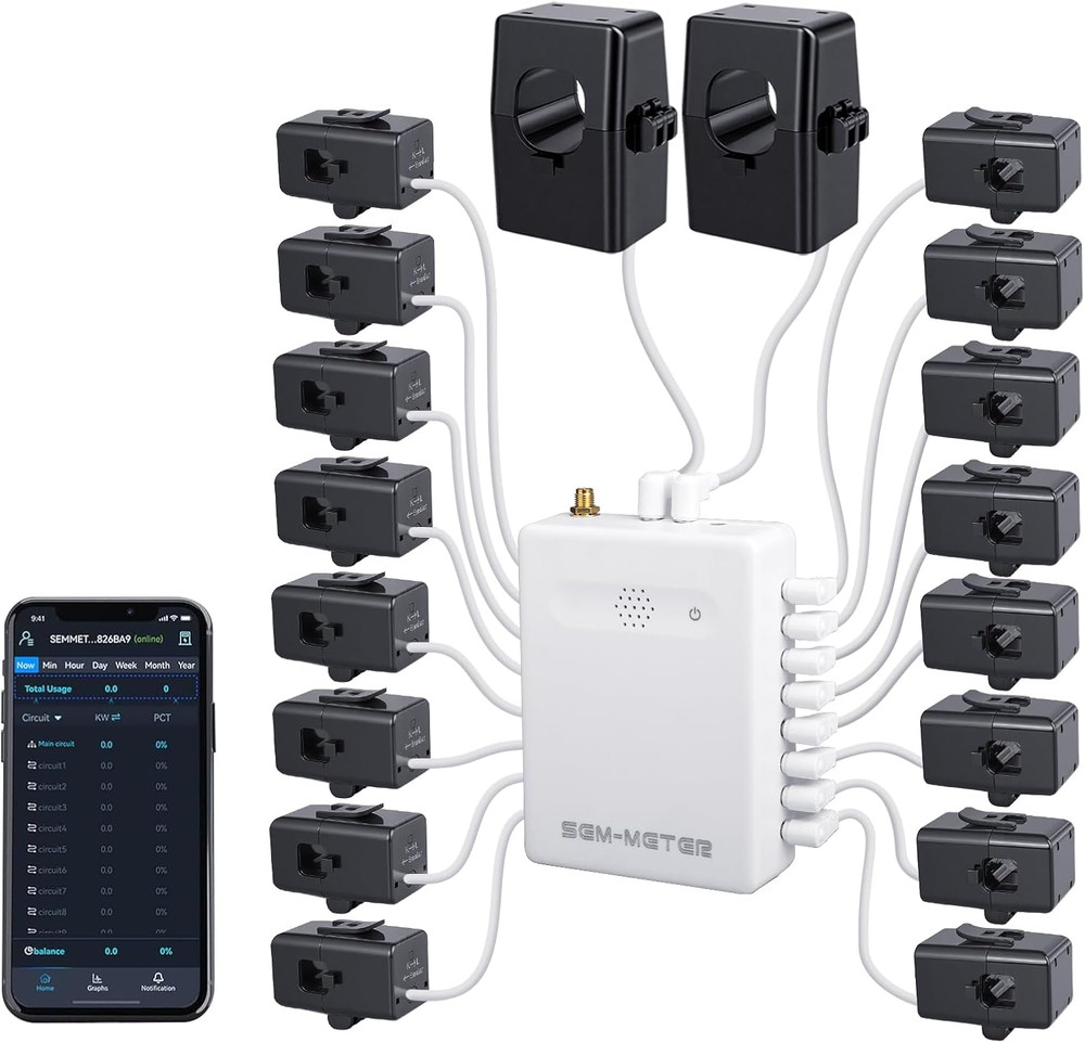 Smart Home Energy Monitor with 16 50A Circuit Level Sensors, Real-Time Power Usa