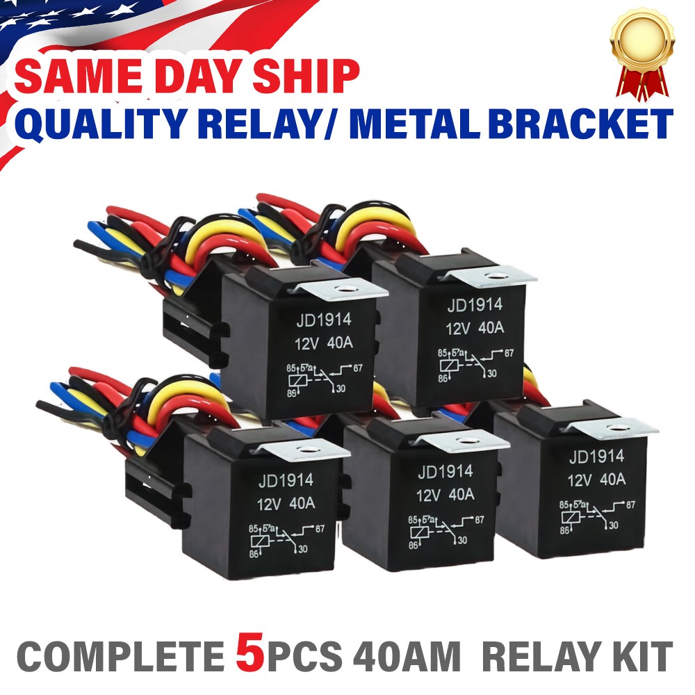 5 Pack 12V 30/40 Amp 5Pin SPST Automotive Relay w/Wires & Harness Socket Set